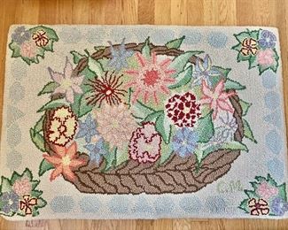 $60 - Thick pile needlepoint rug with cotton lined border on reverse;  signed "C.M." Claire Murray. 3 ft. x 2 ft. 1 in. 