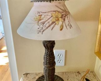 $40 - Vintage wicker base lamp with glass shade 20 1/2 (H) by 10 in.  (W diameter of shade) AS IS!!  Needs to be re-wired!