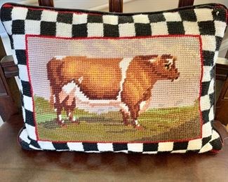 $20 - Needlepoint cow pillow.  Approx. 12"L
