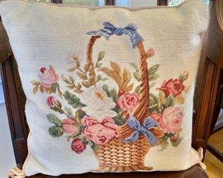 $24 - Needlepoint pillow with basket.  Approx. 14" x 14"