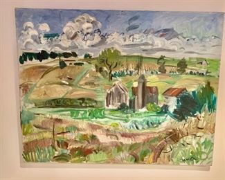 $750; Oil on canvas unframed ; Farm scene; 28 in. (H) x 36 in. (W), signed Mayer; Bena Virginia Frank Mayer (American 1900- 1994)