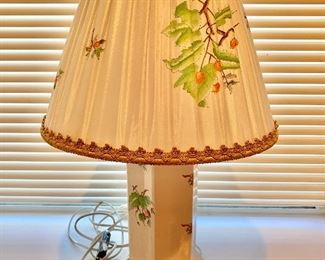 $75 - Table lamp with octagon base 20 in. (H); shade 14 in. at widest point; wooden pedestal base 5 1/2 in. diameter