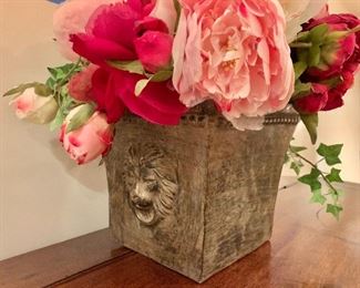 $30 - Fabric peonies with green ivy in pot; 5 1/2 in. square base