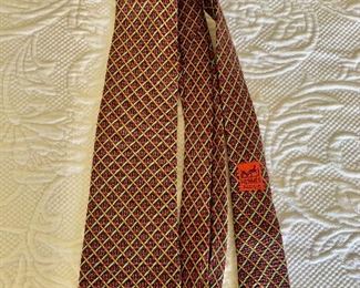 $70; Hermes tie #4; black red and gold silk print tie