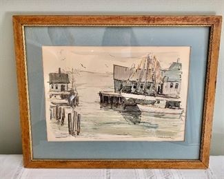 $120 - Wooden framed watercolor maritime image;  framed dimensions 14 1/2 in. (H) x 18 in. (W); signature W Greene