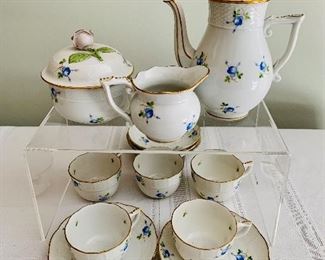 $495; Herend coffee set, en suite; saucer 4 1/2 in. (diameter); Cup 2 in. (H) x 3 1/4 in. (diameter) Herend gold-rimmed porcelain demitasse coffee set with five cups and saucers; 