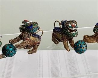 $150 for pair of  conjoined antique Chinese gilt filigree and enamel Foo dog table decorations; 1 3/4 in. (H) x 4 in. (W)