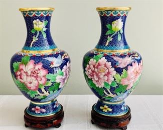 $100 pair - Cloisonné vases on wooden bases; 11 in. (H) x 5 1/2 in. (W, widest)
