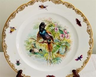 $110 - Dresden gold rimmed bird themed dish; 10 1/2 in. diameter