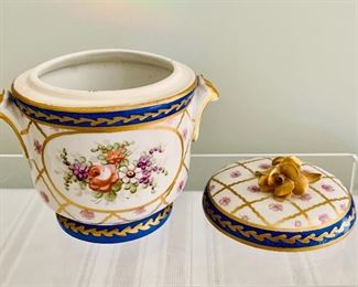 $70 Sevres covered porcelain bowl (as is, chip on gold rose); 4 1/2 in. (H) x 4 1/4 in. (W)