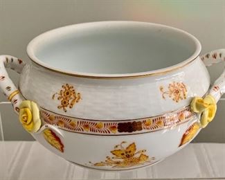 $150 Herend two handled bean pot with rose appliqué; 3 1/2 in. (H) x 7 1/2 in. (diameter).  Lid missing.