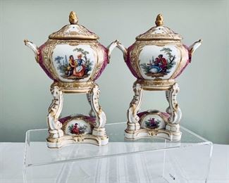 $220 - Pair antique KPM Porcelain Brule de Perfume; 6 3/4 in. (H) x 4 1/2 in. (W) x 3 in. (diameter)