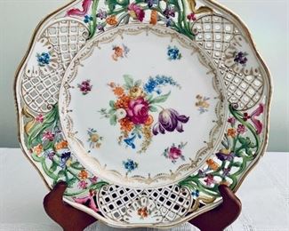 $30  Dresden reticulated footed plate (as is, plate only)  1 3/4 in. (H) x 9 in. (diameter)