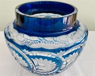 $100 - Large blue and white cut crystal bowl; 7 in (H) x 8 in. (W); as is (tiny rim nicks)
