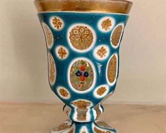 $40 - Bavarian gold rimmed decorative glass goblet with tiny chip on rim; 5 3/4 in. (H) x 3 1/2 in. (W)