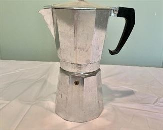 $40 -  Large aluminum espresso pot; Benjamin & Medwin made in Italy; 11 in. (H) x 8 1/4 in. (W, with handle) x 5 in. (base)