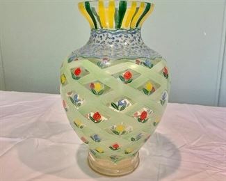$20 - Colorful vase; handprinted decoration; 11 in. (H) x 7 in. (W)