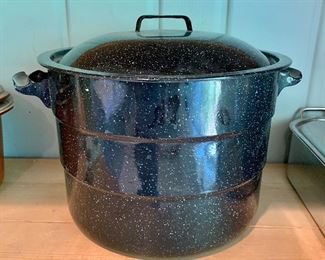 $30 - Black speckled enamel water bath canner; 10 in. (H) x 14 in. (diameter); 18 in. (W, with handles)