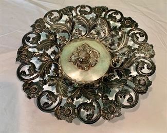 $150 - Ornate silver tray/dish on base; 2 in. (H) x 10 in. (diameter)