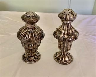 $190 PAIR; Antique silver  (813) salt shakers (made in Vienna, Austria (circa 1844/1857) ; each approx 5 3/4 in.H  x 2 3/4 in. W