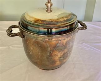 $45 - Vintage silver plate ice bucket with ceramic insert; 9 in. (H) x 10 in. (W, including handles)