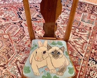 $120 - Child's chair with needlepoint rabbit and kitten; 26 1/2 in. (H) x 14 in. (W) x 12 in. (depth) x 12 1/2 in. (H to seat)