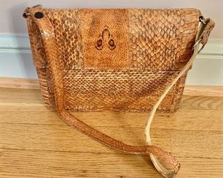 $40; Vintage unlined reptile handbag;  8” w x 10” h x 3” d
