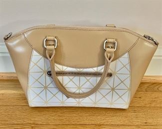 $50; Vintage Charles Jourdan two tone leather handbag; 14” w x 9” h x 4.5” d; dust cover included