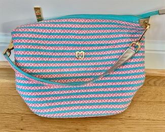 $75; Eric Javits pink and blue shoulder bag with zipper closure; 14” w x 10” h