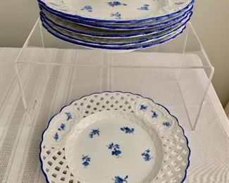 $48 set; Meissen reticulated blue floral 8” plates; 6 available.  2nd quality