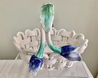 $40; Vietri woven porcelain basket with tulip handle; 9”W x 7” D x 8” H
