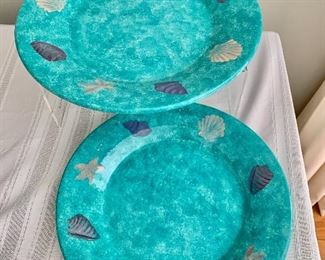 $20 pair; Hand painted, unsigned shell motif ceramic plates; 11” diameter