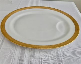 $40; Theodore Haviland Limoges gold rimmed oval serving platter with well.  16” x 12”.  Perfect for Turkey!