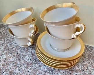 $6 per cup & saucer; Syracuse China Old Ivory “Bracelet” gold rimmed Cups and Saucers; 6 available