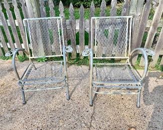 $150; Pair of sturdy wrought iron outdoor chairs; 29” W x 27”D x 32H (at back)