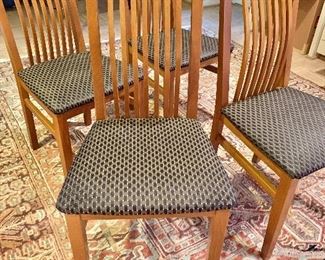 $175; Set of 4 wooden high backed dining chairs;  40” H to top of chair back, Seat 18.5”W x 16”D.  Seat height 18.5”