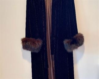 $225; Vintage velvet evening coat with fur trimmed sleeves and bow tie front.