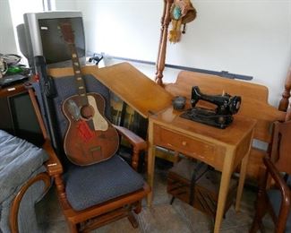 Rocking Chair, Vintage Sewing Machine and Guitar