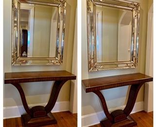 Pair of matching Theodore Alexander tulip sunburst console tables, 50β wide by 3β tall by 16β deep (matching LaBarge mirrors also for sale)