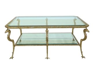 Marge Carson gold regency style glass top table coffee table (crane head & feet) 3β3β by 4β8β