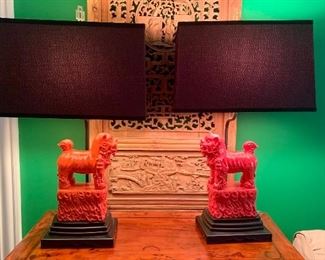 Pair of red foo dog lamps