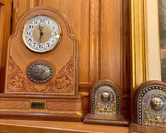 Southwestern style leather faced clock and matching bookends