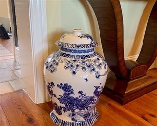 Oversized blue and white ginger jar