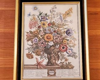 "Flowers of the Month" series of botanicals.  Those framed in black bordered frames measure 18.5" x 14.5"
