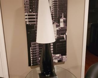 Black glass lamp with conical shade...37" to top of shade