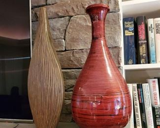 "almond" vase - 19" tall; red vase with horizontal stripes - 19" tall