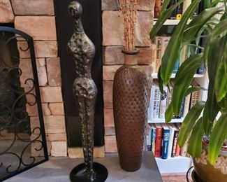 Statue of person - 34" tall; Narrow plaster vase with "reeds" - 27" tall
