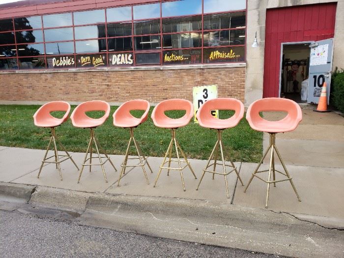(6) Mid Century Salmon fiberglass Eames style tall swivel bar chairs (located in Melrose park) Was $1795 Now $1695 for all 6