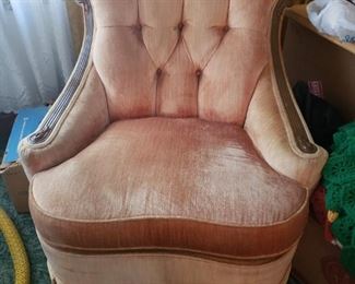 Vintage Salmon/Light Pink Padded fabric armchair with wood accents  35"W x 35"D x 32.5"H  $150