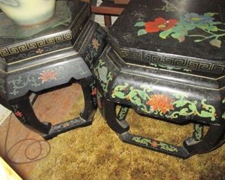 Two Chinese Black Lacquer Hand-Painted Garden Stool/Table